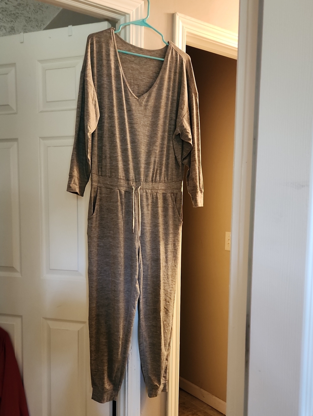 Vurori Cozy Taupe V-Neck Jumpsuit with Drawstring Waist